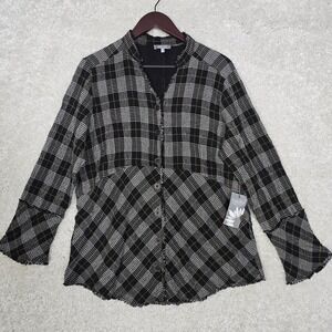 Habitat Womens Plaid‎ Button Front Gauzy Top Medium Lagenlook Artsy Textured